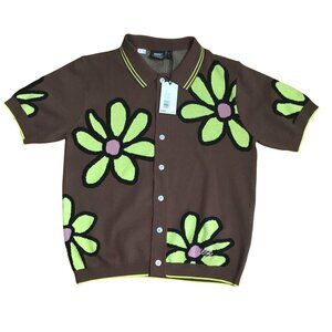 WESC Oversized Women Polo Collar Daisy Cardigan Shirt Brown Green Flowers XL NWT